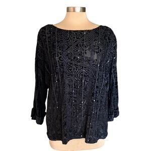 Coldwater Creek Black Velvet Burnout Sequined Blouse LG Whimsygoth Fairy Grunge
